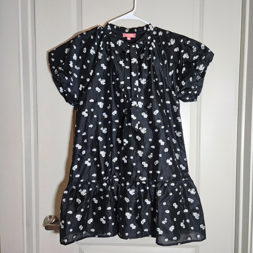 NWOT THML Anthropologie Dress Small Puff Sleeve Abstract Textured White Black